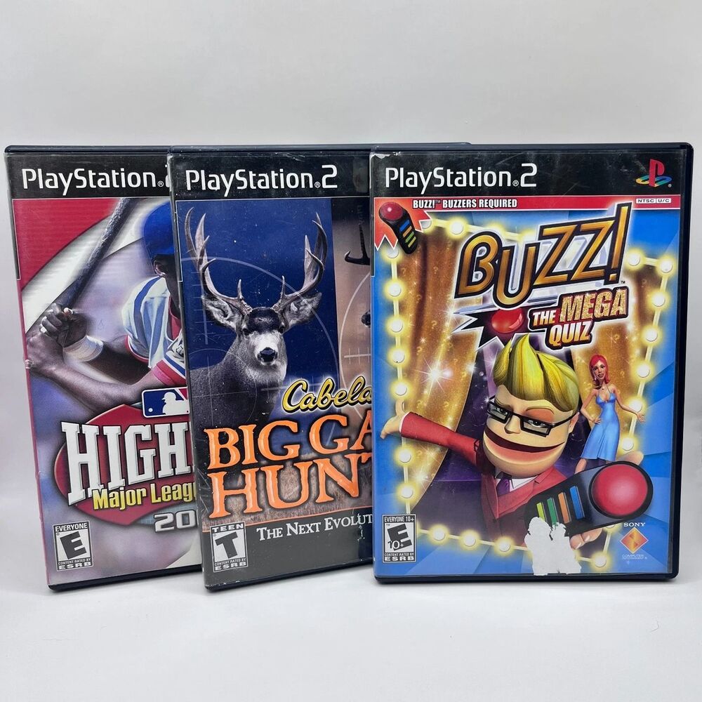 PS2 Game Bundle - High Heat Baseball, Cabela's Big Game Hunter, Buzz Mega Quiz